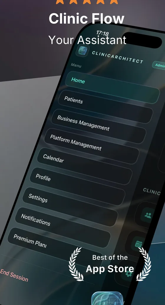 Clinic navigation menu with patients, calendar, and settings