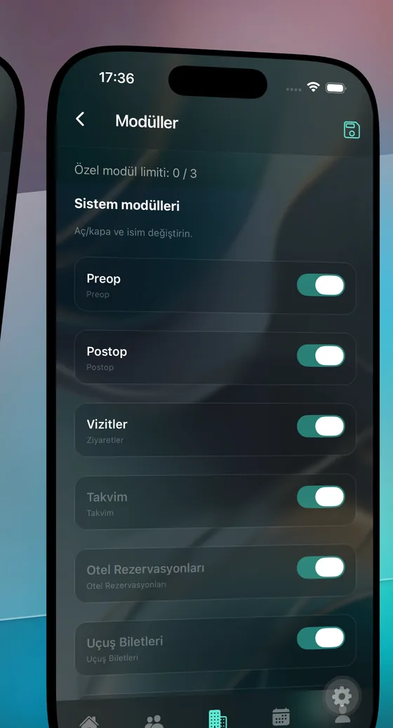 Clinic module settings for visits, calendar, and travel